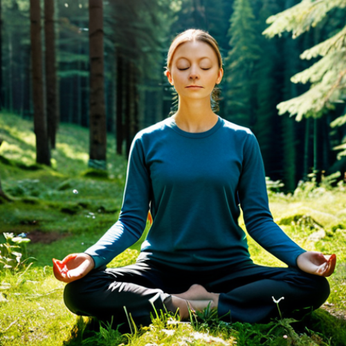 Home 10 "A serene woman practicing mindful meditation in a sunlit forest clearing in the Beskidy Mountains, fully clothed, appropriate attire, safe for work, perfect anatomy, natural proportions, high quality."
