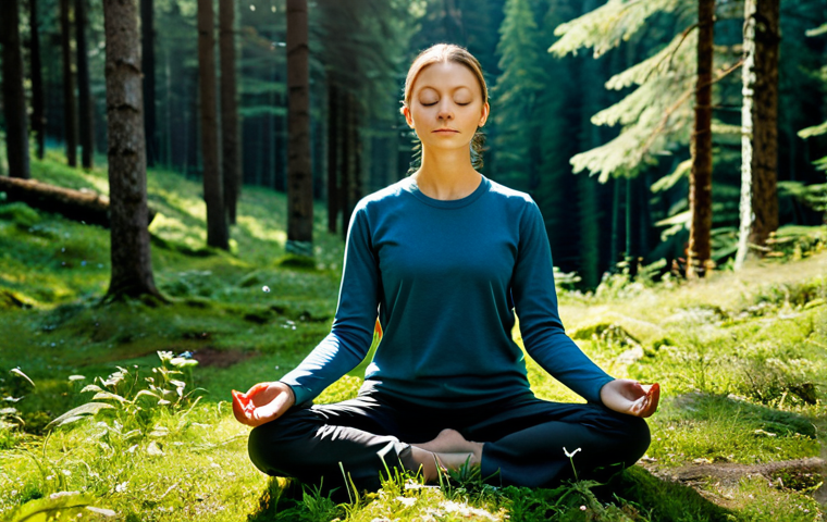 "A serene woman practicing mindful meditation in a sunlit forest clearing in the Beskidy Mountains, fully clothed, appropriate attire, safe for work, perfect anatomy, natural proportions, high quality."