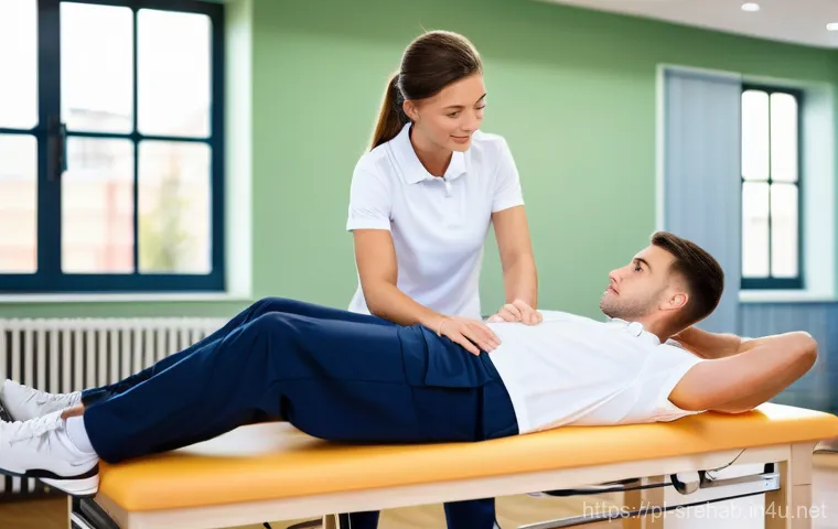 스포츠재활 분야에서 경력 쌓기 - **Prompt 1: Focused Rehabilitation Session**
    "A mid-30s female physiotherapist with a kind and f...