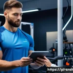 스포츠재활에 적합한 운동기구 추천 - A modern sports rehabilitation clinic scene featuring a professional athlete using an intelligent we...