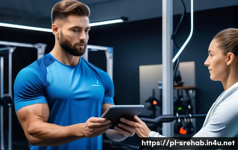 스포츠재활에 적합한 운동기구 추천 - A modern sports rehabilitation clinic scene featuring a professional athlete using an intelligent we...