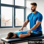 스포츠재활 전문가를 위한 학습 플랜 - A modern sports rehabilitation clinic interior with a physiotherapist performing manual therapy on a...