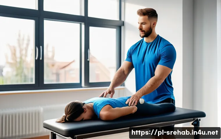 스포츠재활 전문가를 위한 학습 플랜 - A modern sports rehabilitation clinic interior with a physiotherapist performing manual therapy on a...