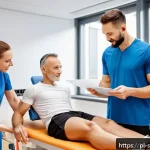 스포츠재활 실습 중 겪는 어려움 - A professional sports rehabilitation clinic scene showing a diverse team of specialists&mdash;doctors, phy...