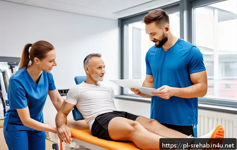 스포츠재활 실습 중 겪는 어려움 - A professional sports rehabilitation clinic scene showing a diverse team of specialists&mdash;doctors, phy...