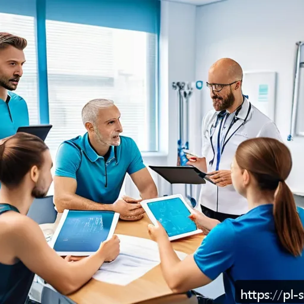 스포츠재활에서의 팀워크 중요성 - A professional sports rehabilitation team meeting in a modern clinic setting, featuring a diverse gr...