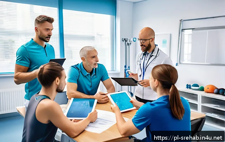 스포츠재활에서의 팀워크 중요성 - A professional sports rehabilitation team meeting in a modern clinic setting, featuring a diverse gr...