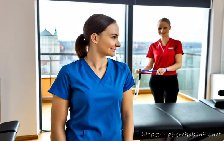스포츠재활 분야 취업 성공 전략 - Photorealistic sports rehabilitation job interview in a modern Polish physiotherapy clinic, confiden...