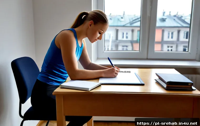 스포츠재활 전문대학원 진학 준비 - Photorealistic admissions preparation scene for a Polish sports rehabilitation graduate program: foc...